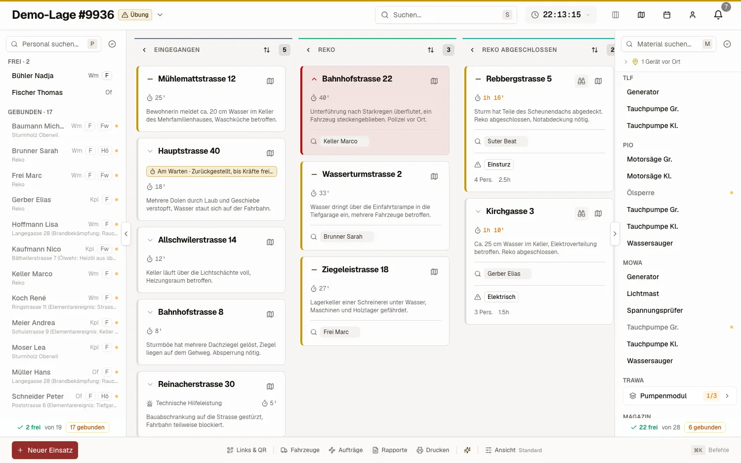 Einsatzboard: Spalten von Eingegangen bis Beendet, dazwischen Einsatzkarten, links das Personal, rechts das Material