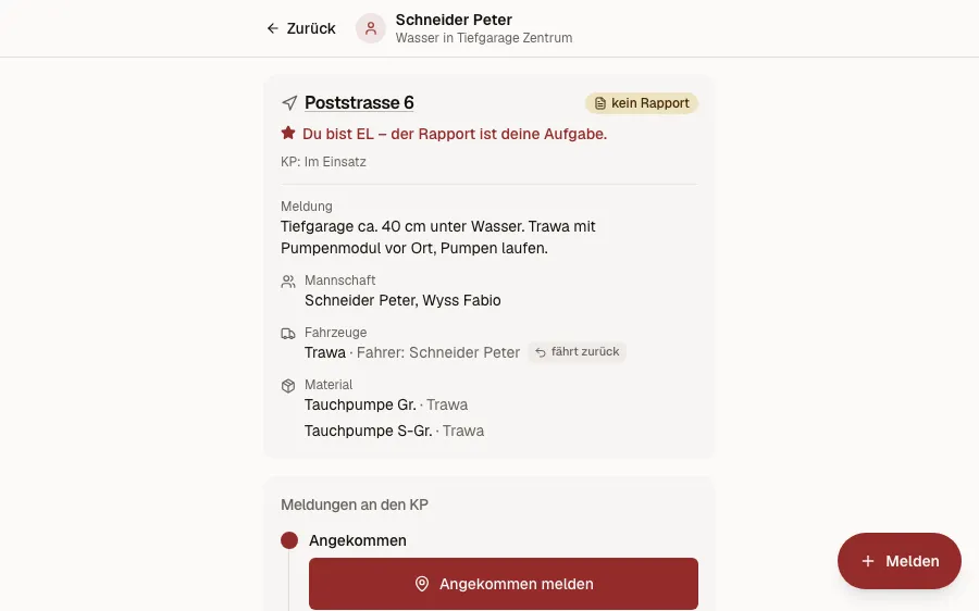 Feld-Ansicht: der eigene Schadenplatz mit den Meldungen an den KP, der Lage und der Mannschaft