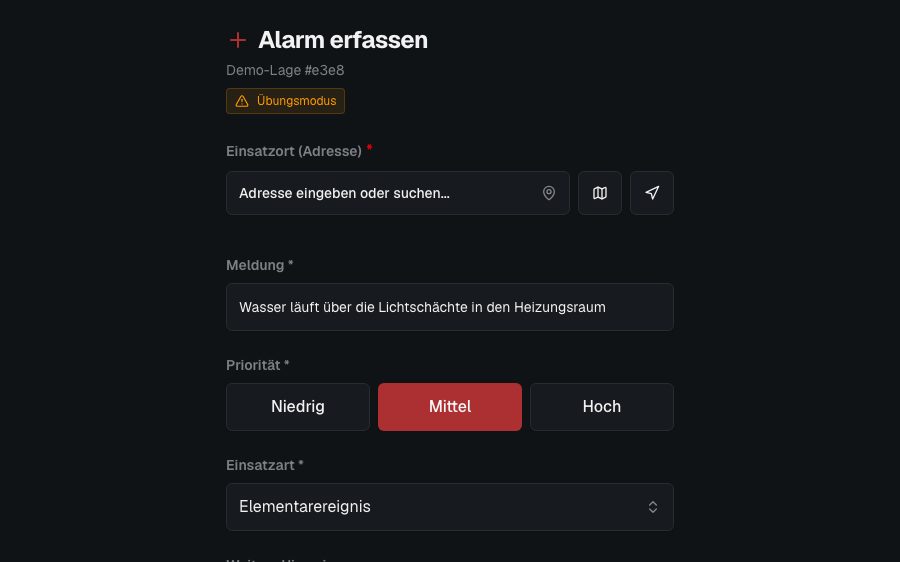 Meldeformular: Adresse, Meldung, Priorität, Einsatzart und Angaben zum Melder