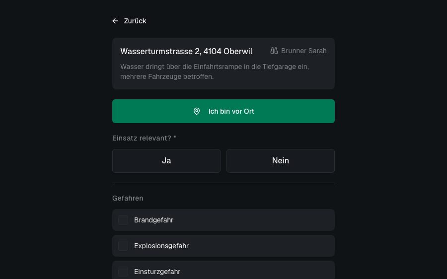 Reko-Formular: Einsatz, «Ich bin vor Ort» und Gefahren zum Ankreuzen
