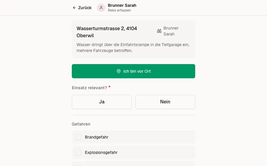 Reko-Formular: Einsatz, «Ich bin vor Ort» und Gefahren zum Ankreuzen